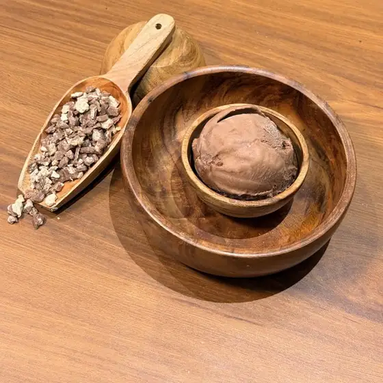 Belgian Chocolate ice cream in a wooden bowl