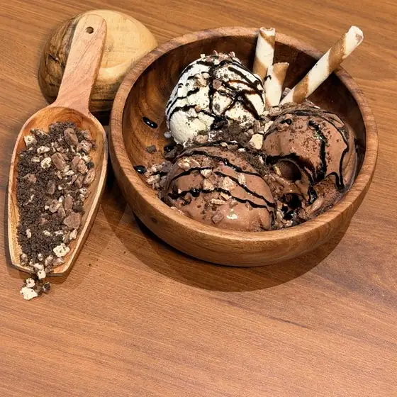 Oreo Choco Storm sundae in a wooden bowl