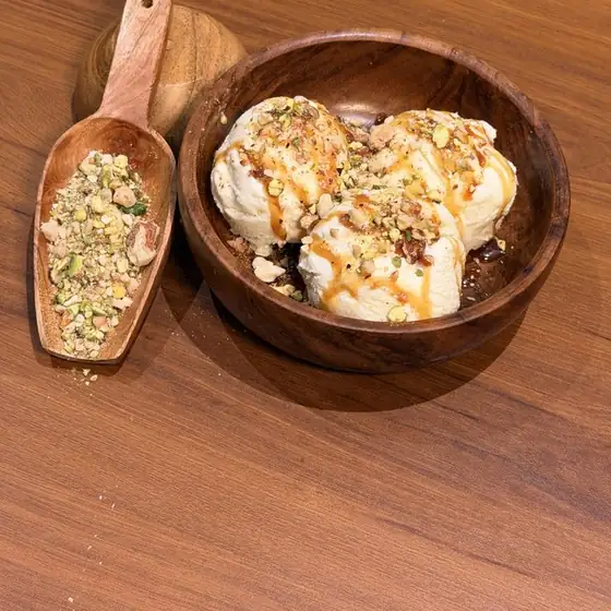 Royal Dry Fruit sundae in a wooden bowl
