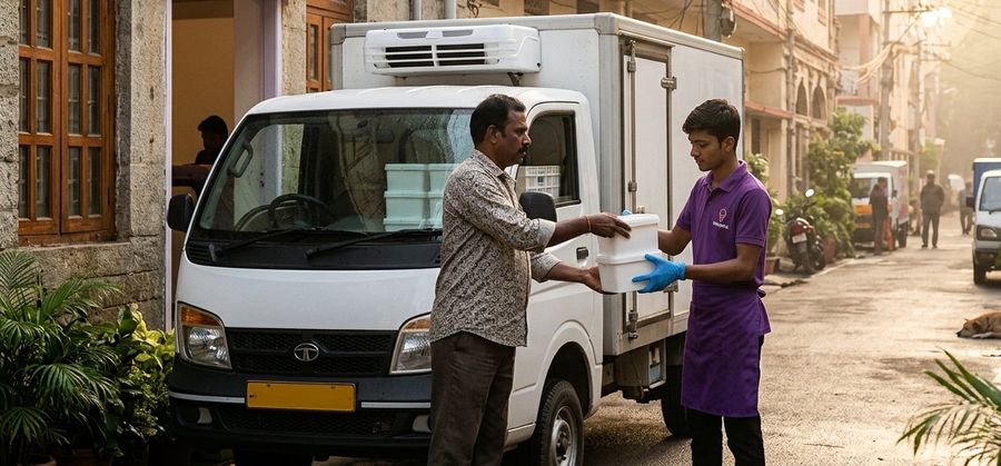 Ice cream tubs being handed over from a refrigerated van