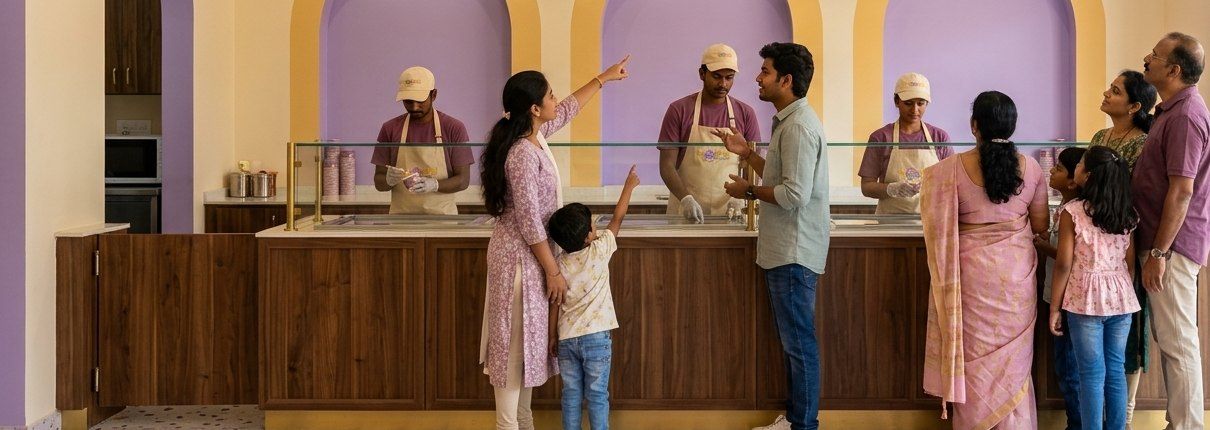 Customers choosing flavours at a Scoopful counter