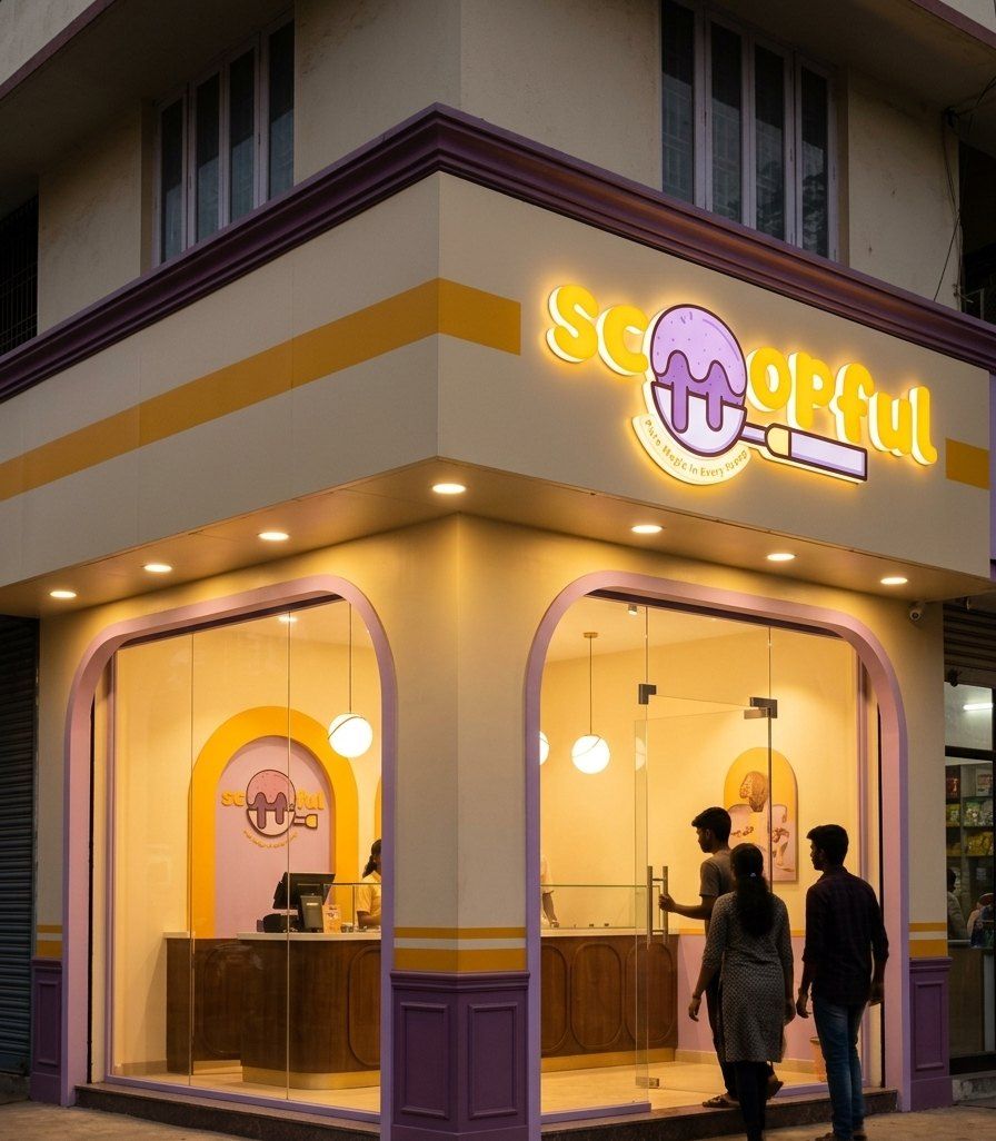 A Scoopful parlour on a street corner at dusk, lit from inside