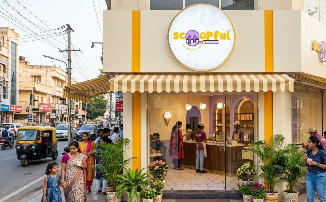 A compact Scoopful parlour on a high street with a striped awning