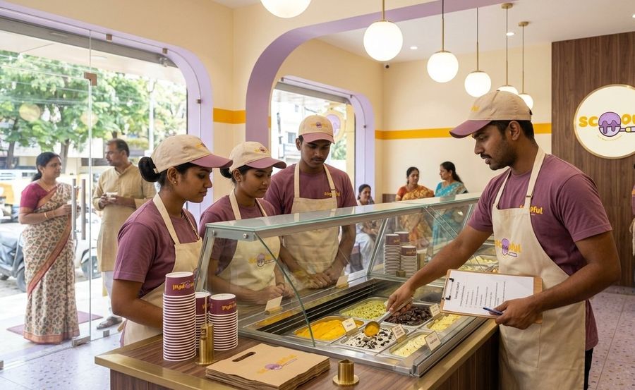 A Scoopful trainer checking new staff at the counter