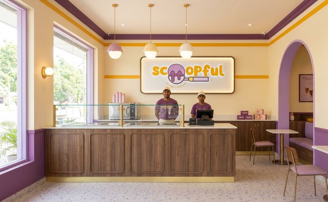 Inside a Signature Scoopful parlour: walnut counter, lavender arches, lit logo